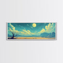 Moonlit Desert Nightscape, Mystical Blue and Gold Landscape Art, Dreamy Celestial Wall Decor, Surreal Nature Painting