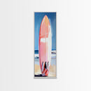 Pink Surfboard, Beach House Art, Coastal Aesthetic, Surfer Lifestyle, Summer Vibes, Ocean Theme Framed Canvas Print, Modern Wall Decor