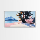 Mountain Landscape, Tranquil Lake Scene, Serene Nature Painting, Minimalist Home Decor, Rustic Wilderness Art, Framed Canvas Print