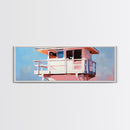 Lifeguard Tower, Ocean, Coastal, Framed Canvas Print, Beach House Decor, Nautical Wall Art, Minimalist Aesthetic, Blue and White Tones