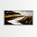 Golden Marsh, Ocean Landscape, Black and White Contrast, Nature Inspired, Minimalist Art, Framed Canvas Print, Bedroom Wall Decor
