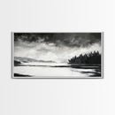 Monochrome Landscape Art, Misty Lake Canvas Print, Nature Wall Decor, Black and White Painting, Living Room Artwork, Framed Canvas Print