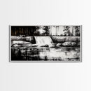 Waterfall Landscape, Black and White Nature Art, Forest Wall Decor, Rustic Art, Minimalist Landscape, Cabin Artwork, Framed Canvas Print