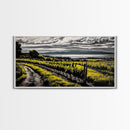 Vineyard View, Rolling Hills, Country Art, Framed Canvas Print, Rustic Landscape, Black White Yellow, Living Room Wall Art, Large Canvas