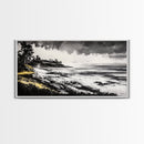 Rocky Shore, Monochrome Art, Serene Beach, Canvas Print, Coastal Landscape, Minimalist Art, Office Wall Decor, Nature Inspired Art