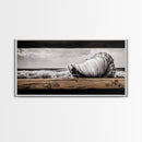 Seashell and Waves, Nautical Art, Coastal Beach Decor, Black and White Seascape, Ocean Home Art, Framed Canvas Print, Elegant Art