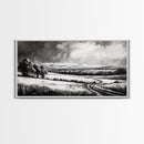 Winter Landscape, Black White, Scenic Country Road, Framed Canvas Print, Serene Nature Art, Rustic Wall Decor, Bedroom Artwork