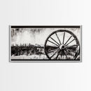 Wagon Wheel, Mountain Landscape, Black and White Western Art, Rustic Home Decor, Framed Canvas Print, Farmhouse Living Room Art