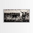 Texas Longhorn, Rustic Farmhouse, Black and White Western Art, Framed Canvas Print, Country Home Decor, Rustic Living Room Wall Art