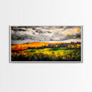 Fall Mountain View, Golden Forest Landscape, Moody Sky Painting, Rustic Country Art, Autumn Scene, Vibrant Wall Decor, Framed Canvas Print