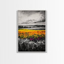 Black White Landscape, Yellow Wildflower Field, Nature Wall Art, Rustic Farmhouse Art, Country Home Decor, Office Art, Framed Canvas Print