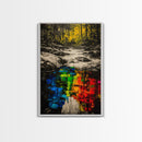 Forest Reflection, Black and White with Vibrant Colors, Abstract Waterfall Painting, Framed Canvas Print, Nature Lover’s Wall Art
