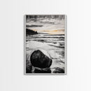 Rocky Beach, Sunset Landscape, Black White Gold, Framed Canvas Print, Coastal Wall Art, Nature Painting, Serene Home Decor