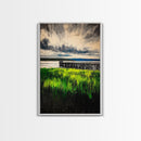 Lakeside Pier, Landscape Painting, Framed Canvas Print, Nature Wall Art, Blue Sky Art, Serene Lake View, Living Room Decor