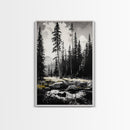 Forest Landscape Print, Black and White Tree Art, Cabin Wall Decor, Nature Inspired Art, Minimalist Scene, Framed Canvas Print