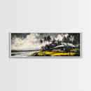 Tropical Beach House, Coastal Landscape Painting, Black and White Palm Tree Print, Island Wall Decor, Relaxing Canvas Print, Framed Canvas Print