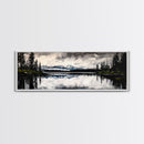 Mountain Reflection, Tranquil Lake Art, Black and White Landscape, Nature Inspired Decor, Framed Canvas Print, Cabin Wall Art, Moody Forest Scene