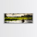 Man, Water, Reflection, Framed Canvas Print, Serene Landscape Art, Tranquil Wall Decor, Nature Inspired Painting, Moody Green Aesthetic