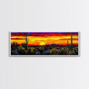 Desert Sunset Art, Vibrant Cactus Painting, Warm Boho Landscape, Southwestern Wall Decor, Bold Nature Print, Framed Canvas Print