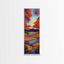 Desert River, Sky Painting, Framed Canvas Print, warm southwestern stream view landscape, bold clouds, boho decor, office wall art