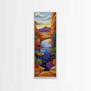 Pond Lilies, Canyon Scene, Framed Canvas Print, colorful lily pond canyon art, desert blooms, bold nature painting, dining room wall art