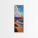 Peaceful Shoreline, Colorful Sunset, Framed Canvas Print ocean waves art, colorful sunset beach painting, vibrant sky seascape, nature art