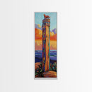 Totem, Ocean, Sunset, Whimsy - Framed Canvas Print, Coastal Totem Wall Art, Whimsical Beach House Decor, Colorful Folk Art Living Room Style