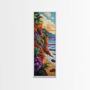 Ocean, Flowers, Cliff, Sunset, Framed Canvas Print, Vibrant Coastal Landscape, Dining Room Wall Art, Colorful Beachside Decor