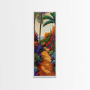 Tropical Pathway, Palms, Jungle Walkway Framed Canvas Print, Bohemian Wall Art, Bedroom Botanical Decor, Vibrant Nature Illustration