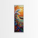 Ocean Wave, Sunset, Splash - Framed Canvas Print coastal wall art, colorful seascape decor, vibrant wave art, living room beach painting