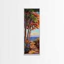 Trees Shoreline,Sunset,Serene — Framed Canvas Print, coastal nature wall art, tropical autumn decor, landscape painting, living room artwork