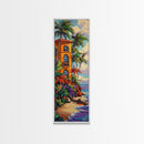 Villa Palms, Beach Colorful — Framed Canvas Print, tropical vacation home decor, beach house art, vibrant coastal scene, entryway print