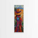 Woman Hat, Flowers, Beach, Canvas Print, Boho Wall Art, Coastal Bedroom Decor, Mexican Art Style, Colorful Summer Wall Accent
