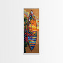 Surfboard Tropical, Sunset, Palm, Framed Canvas Print, Hawaiian surf art, beach house decor, vibrant coastal living room artwork