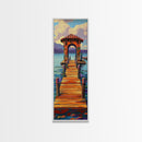 Colorful Pier, Archway, Water — Framed Canvas Print of a vibrant pier scene, coastal wall art, boho lake house decor, office accent