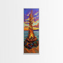 Vibrant Campfire, Sunset Beach – Colorful Beach Bonfire Painting, Fall Outdoor Wall Art, Framed Canvas Print, Cabin Living Room Style