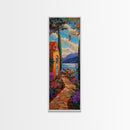 Seaside Garden, Pathway Escape, Framed Canvas Print, Mediterranean wall art, kitchen wall decor, colorful boho art, coastal landscape