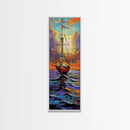 Pirate Ship, Sunset Ocean, Framed Canvas Print, nautical wall art, sailing adventure painting, moody seascape decor, office or den wall art
