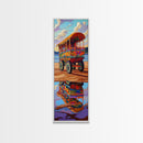 Wagon Reflection, Beach Vibrant, Framed Canvas Print, Colorful bohemian coastal art, living room decor, whimsical wall painting