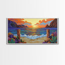 Sunset Beach, Waves, Colorful sunset beach seascape with waves and mountain view, Canvas Print, tropical coastal wall decor