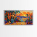 Sunset Courtyard, View, Vibrant sunset courtyard scene with ocean and mountain backdrop, Framed Canvas Print, kitchen wall art