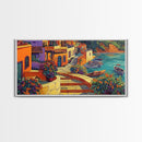 Village, Boats, Coastal, Pathway, Framed Canvas Print, Mediterranean street scene, colorful coastal home decor, kitchen wall art