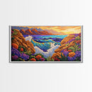 Ocean Cliff View, Crashing Waves Sunset, Bold Coastal Art, Framed Canvas Print, Nature Inspired Decor, Vibrant Seascape Painting