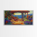 Garden Ocean View, Terrace, Framed Canvas Print, Serene garden bench by the ocean with colorful flowers, perfect Living Room Wall Art