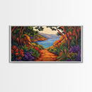 Trail Trees, Ocean, Bright, Framed Canvas Print vibrant nature path artwork, coastal forest boho art, kitchen wall decor