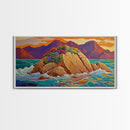 Island Sunset, Coastal Flowers, Ocean Rocks, Framed Canvas Print, Tropical Landscape Wall Art, Colorful Living Room Art, Entryway Decor