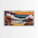 Sunset Surf, Crashing Waves, Coastal Mountains, Canvas Print, Vibrant Seascape Wall Art, Beach House Art, Bathroom Ocean Decor