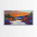 Winter Sunset, Lake, Trees, Framed Canvas Print, Autumn cabin wall art, colorful landscape living room decor, mountain snow painting