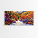 Autumn Forest, Snow, Trail, Canvas Print, Fall landscape painting, cabin wall decor, cozy mountain art, vibrant rustic hallway print
