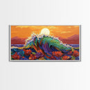 Sunset Wave, Floral, Ocean, Canvas Print, Tropical beach flower art, vibrant ocean wave decor, living room painting, sunset seascape